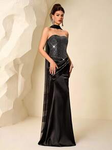 Coutiva Women's Beaded Satin Bandeau Formal Evening Gown (Heavily Embellished) - Black - View 13