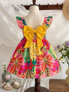 SHEIN 女童雪纺碎花方领荷叶边下摆蝴蝶结露背休闲连衣裙 - 彩色 - 查看 4