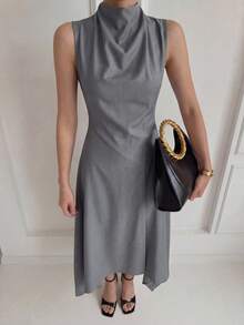 Heiryn Steel Gray Summer Elegant Women's Draped Mock Neck Sleeveless Asymmetrical Maxi Dress,Handkerchief Hem Formal Occasion Dress For Wedding Guest&Brunch - Grey - View 3