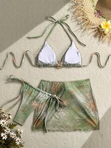 Swim Vcay Set de 3 piezas de bikini con minifalda de malla con estampado floral colorido, para primavera/verano y vacaciones - Multicolor - Ver 2