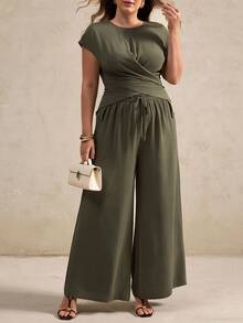 SHEIN Privé Plus Size Women Spring/Summer Twist Knot Cinched Waist Elegant Suit - Army Green - View 6
