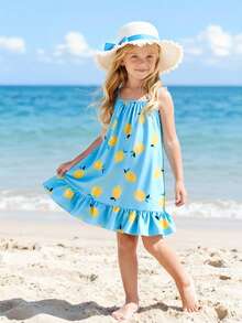 SHEIN Playful Pals Đầm mùa hè dệt kim in kỹ thuật số cho bé gái, có bèo nhún ở gấu, dây mảnh, trễ vai, dáng dài vừa phải, nhẹ nhàng, thích hợp mặc hàng ngày, đi chơi, du lịch, nghỉ mát và các buổi tụ họp. - Nhiều màu - Xem 8