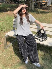Dazy Plus Solid Color Patchwork Frill Trim Casual Fitted Long Sleeve T-Shirt, Spring & Autumn Summer - Light Grey - View 5