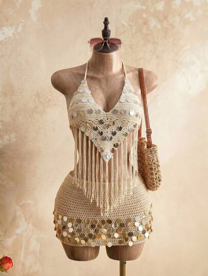 SHEIN Allurite Áo len nữ dệt kim một mảnh xuyên biên giới, thêu tay tua rua trang trí, kiểu dáng thanh lịch, thích hợp cho kỳ nghỉ hoặc dự tiệc.