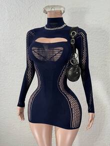 High Neck Long Sleeve Hollow Out Fitted Sexy Mesh Sweater - Blue - View 4