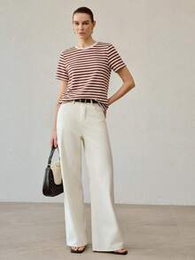 PREMIUM WOMEN'S ALL-MATCH ROUND NECK SHORT SLEEVE T-SHIRT, CASUAL VERSATILE STRIPED TOP FOR SUMMER - Coffee Brown - View 2
