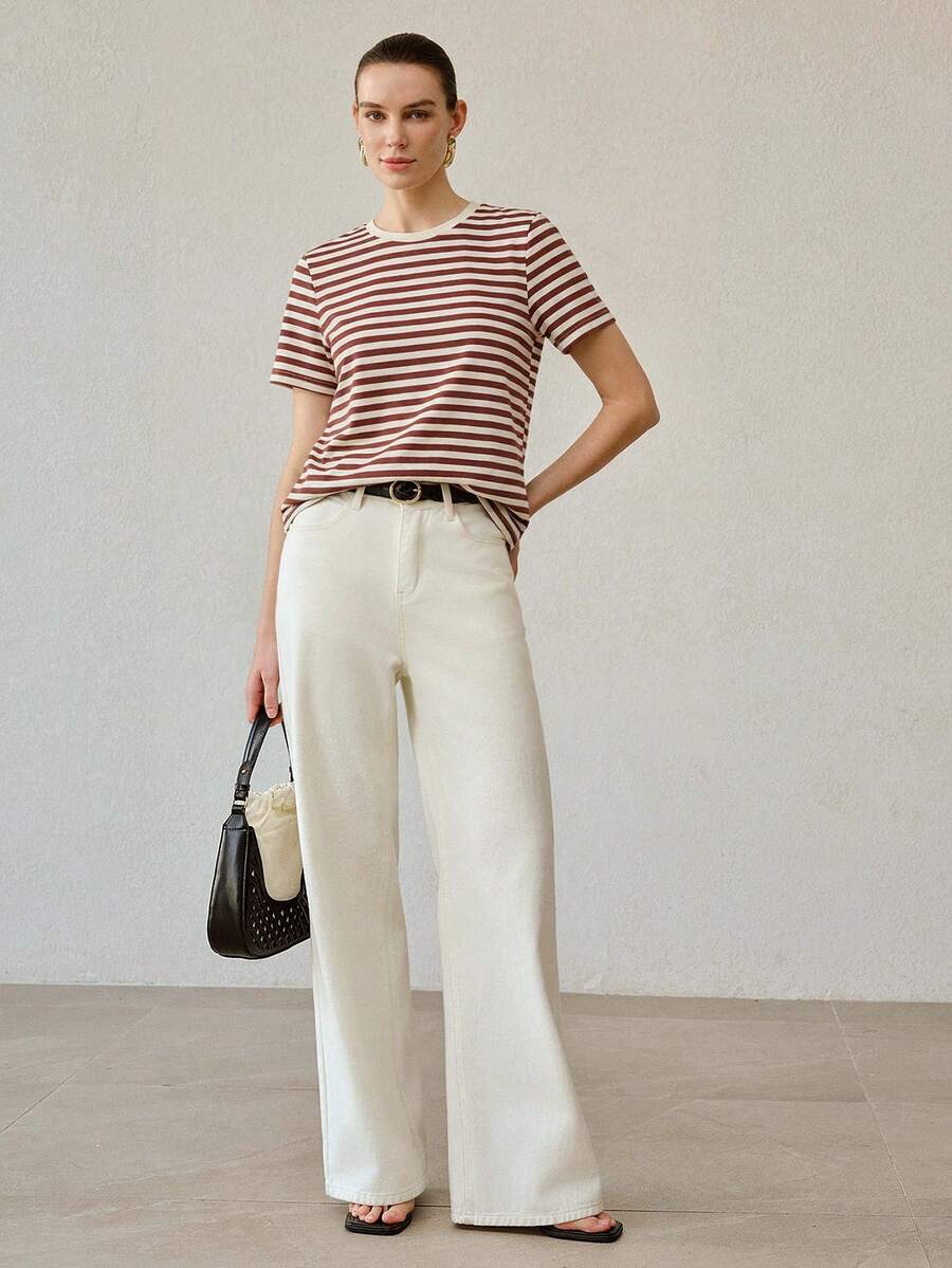PREMIUM WOMEN'S ALL-MATCH ROUND NECK SHORT SLEEVE T-SHIRT, CASUAL VERSATILE STRIPED TOP FOR SUMMER - Coffee Brown - View 2