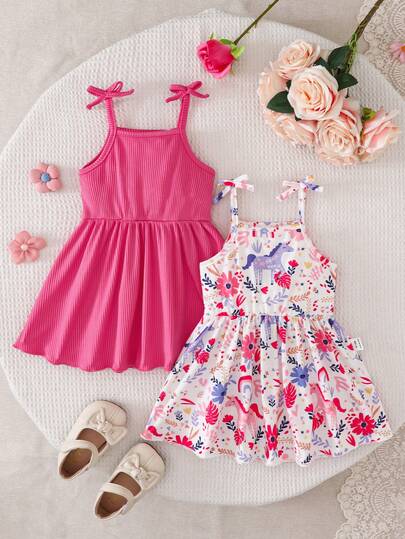 Souflis Souflis 2pcs Baby Girls' Casual All-Match Cute Cartoon Watercolor Rabbit Print Strap Dress, Suitable For Valentine's Day, Easter, Festivals, Birthday Photos, Outdoor Activities, Home Leisure, Vacation, Spring/Summer