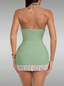 Swim Oasis Women's Floral Embroidery Halter One-Piece Swimsuit With Ruffle Cover Up Skirt Set - Green - View 2
