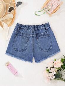 SHEIN Tween Girl Y2K Spring Summer Break Light Washed Casual Versatile Distressed Low Waist Ripped Raw Hem Denim Jeans Shorts With Raw Hem, Summer Beach Boho Vacation Shorts, Summer Concert Festival Casual Rave , Girls Summer Brunch Graduation - Dark Wash - View 3