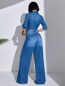 Women's Long Sleeve Single-Breasted Casual Utility Pocket Denim Shirt - Blue - View 2
