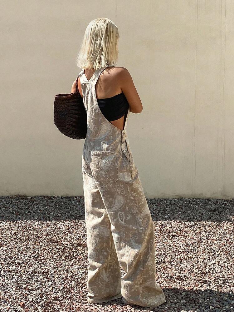 Women's Casual Cashew Print Denim Jumpsuit