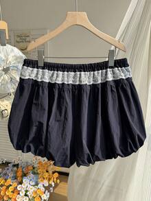 Comfortcana Plus Size Lace Patchwork Drawstring Casual Cute Horse Logo Bubble Shorts, Summer Day Navy Blue - Navy Blue - View 2