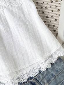 SHEIN Áo hai dây ren màu hồng dành cho thiếu nữ, áo hai dây viền ren màu trơn thanh lịch, thích hợp cho mùa hè, kỳ nghỉ, mặc thường ngày và mặc ở nhà. - Màu be - Xem 6