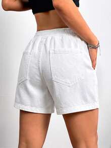 Teen Girl Y2K Light Fashionable Light Washed Elastic Waist Fitted Baggy Denim Shorts, Suitable For Summer, Back To School, Graduation - White - View 2
