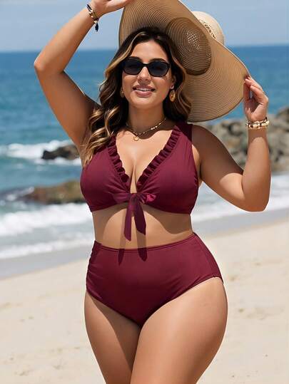 Swim Lushoire Traje de baño tankini con volantes, escote en V profundo, sexy y casual para vacaciones, talla grande