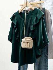 GlowEve CURVE Plus Size Women Solid Color Ruffle Hem Pleated Loose Blouse - Dark Green - View 7