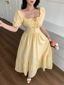 DAZY Vestido midi con tirantes de lazo, estilo casual de vacaciones para mujeres, adecuado para vestidos de verano primaverales y estivales - Amarillo - Ver 7