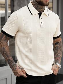 Manfinity CasualCool Áo Polo nam thời trang thường ngày với viền tương phản và cúc cài - Kem - Xem 6