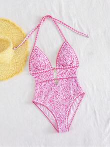 Swim Mod 新款女士优雅波西米亚风海滩度假连体泳衣 - 蓝色花卉印花挂脖式连体泳衣，饰有海星吊坠和锯齿形滚边 - 顺滑弹力透气面料 - 修身镂空设计，高开衩腿部，尽显海岸时尚风情 - 夏季海滩度假、泳池派对、音乐节、婚礼、春季假期度假、热带之旅的完美泳装 - 粉色 - 查看 4