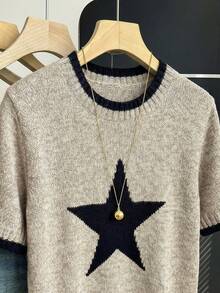 SHEIN Holidaya 新款春夏韩版休闲宽松个性条纹撞色针织女式上衣 - 卡其色 - 查看 8