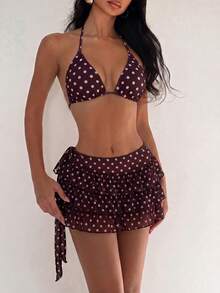 Bonvoyette Bộ bikini 3 mảnh gợi cảm dành cho nữ, họa tiết chấm bi, bèo nhún, kiểu buộc dây cổ, thích hợp cho kỳ nghỉ biển. - màu nâu - Xem 5