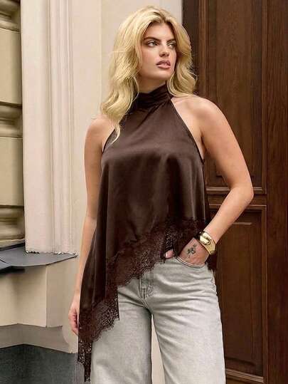 Dripcurv Áo satin cổ yếm màu nâu dành cho nữ cỡ lớn, viền ren, dáng rộng thoải mái, phong cách thành thị thanh lịch.