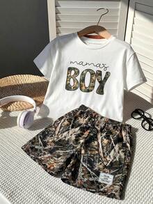 SHEIN 2pcs Young Boys White Summer Set,Casual Cute Graffiti Cartoon Pattern Round Neck Short Sleeve T-Shirt And Shorts Knit Set,Toddler Kids Outfits,School - Multicolor - View 7