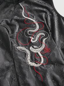 ROMWE Dark Gothic New Chinese Style Snake Skin Pattern Contrast Color Embroidered Mandarin Collar Fitted Long Dress - Black - View 4