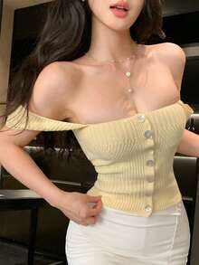 Joudiya Women's Casual Elegant One-Shoulder Short Sleeve Knit Top, Design Sense Pullover Sweater, Suitable For Spring Summer Cute Tops Date Pale Yellow - Yellow - View 1