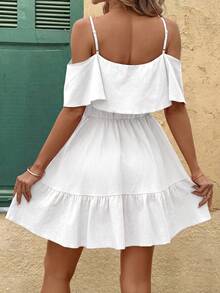 SHEIN Clasi Đầm nữ thanh lịch mới, kiểu dáng trễ vai, dây mảnh, thoải mái, chất liệu cotton màu đỏ thẫm trơn, dáng chữ A. - trắng - Xem 7