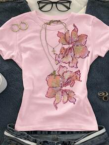 INAWLY Camiseta corta de cuello redondo de manga corta ajustada de talla grande - Rosa Pálido - Ver 3