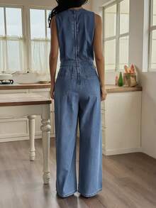 Dazy-Less Bộ jumpsuit denim không tay cổ chéo cổ bẻ dành cho nữ, thích hợp mặc hàng ngày, mùa hè, phong cách thường ngày. - Màu xanh lam - Xem 2
