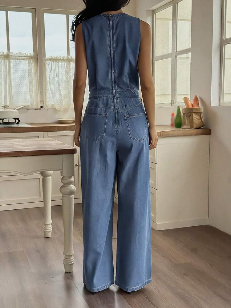 Women's Summer Casual Everyday Crossover Collar Sleeveless Denim Jumpsuit Business Casual Woman