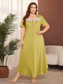 Lacomfia Plus Size Solid Color Short Sleeve Knit Casual Ruffle Hem Dress - Mustard Yellow - View 5