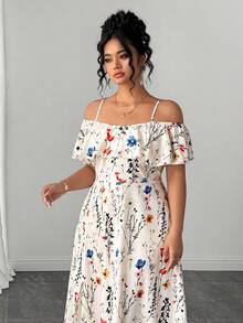 Elenzga Women's Elegant Romantic Floral Print Ruffle Strap Dress - Apricot - View 6