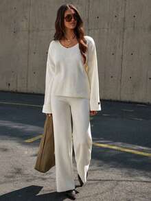 SHEIN Women V-Neck OverSize Sweater And Knit Pant Set With Button - Apricot - View 3