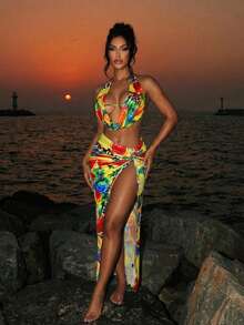 Swim SXY Falda de cintura alta con nudo retorcido con estampado de frutas tropicales y leopardo, falda ajustado con abertura, elegante para vacaciones, nuevo conjunto de alta gama para primavera/verano - Multicolor - Ver 2