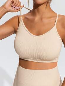 SHEIN Maternity Solid Color Sports Bra And Flare Pants Set,Word Cup - Khaki - View 9