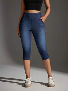 Flexra Quần legging thể thao denim dệt kim dáng lửng - Màu xanh lam - Xem 6