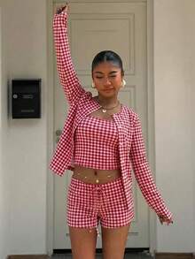 SHEIN Muchic 女士休闲三件套，红色格子套装，女士夏季休闲装 - 彩色 - 查看 3