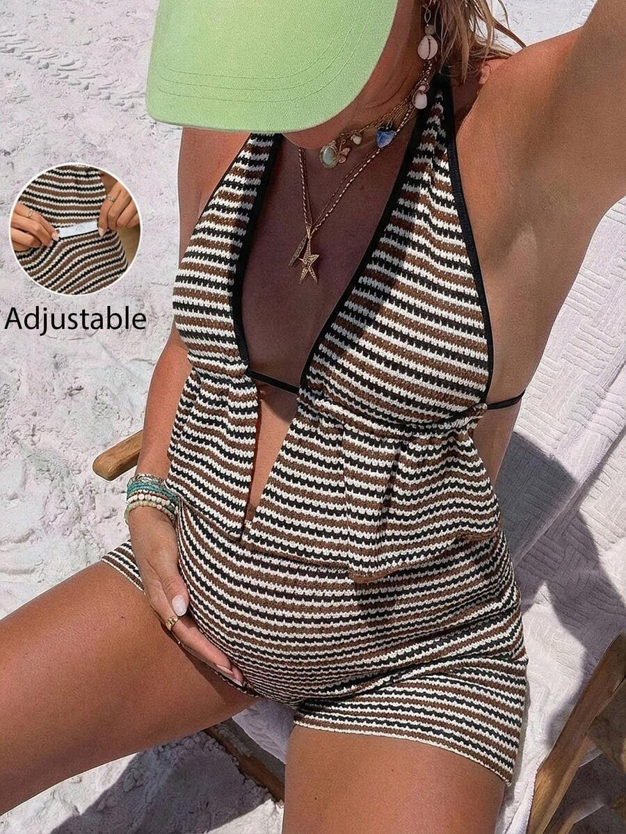 SHEIN 2pcs Maternity Striped Halter Top And Shorts Set - Coffee Brown - View 1