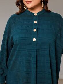 Veilorie Plus Size Striped Texture Loose Long Shirt Fall - Green - View 8