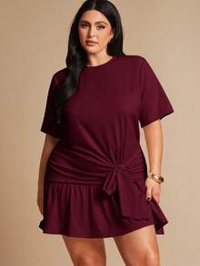 SHEIN BAE Vestido corto de manga corta con cintura anudada en color albaricoque para mujer de talla grande - Burdeos - Ver 1