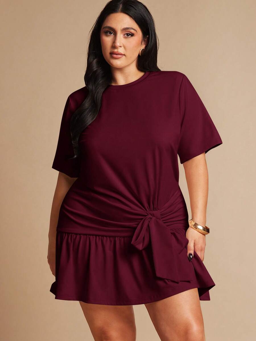 SHEIN BAE Vestido corto de manga corta con cintura anudada en color albaricoque para mujer de talla grande - Burdeos - Ver 1