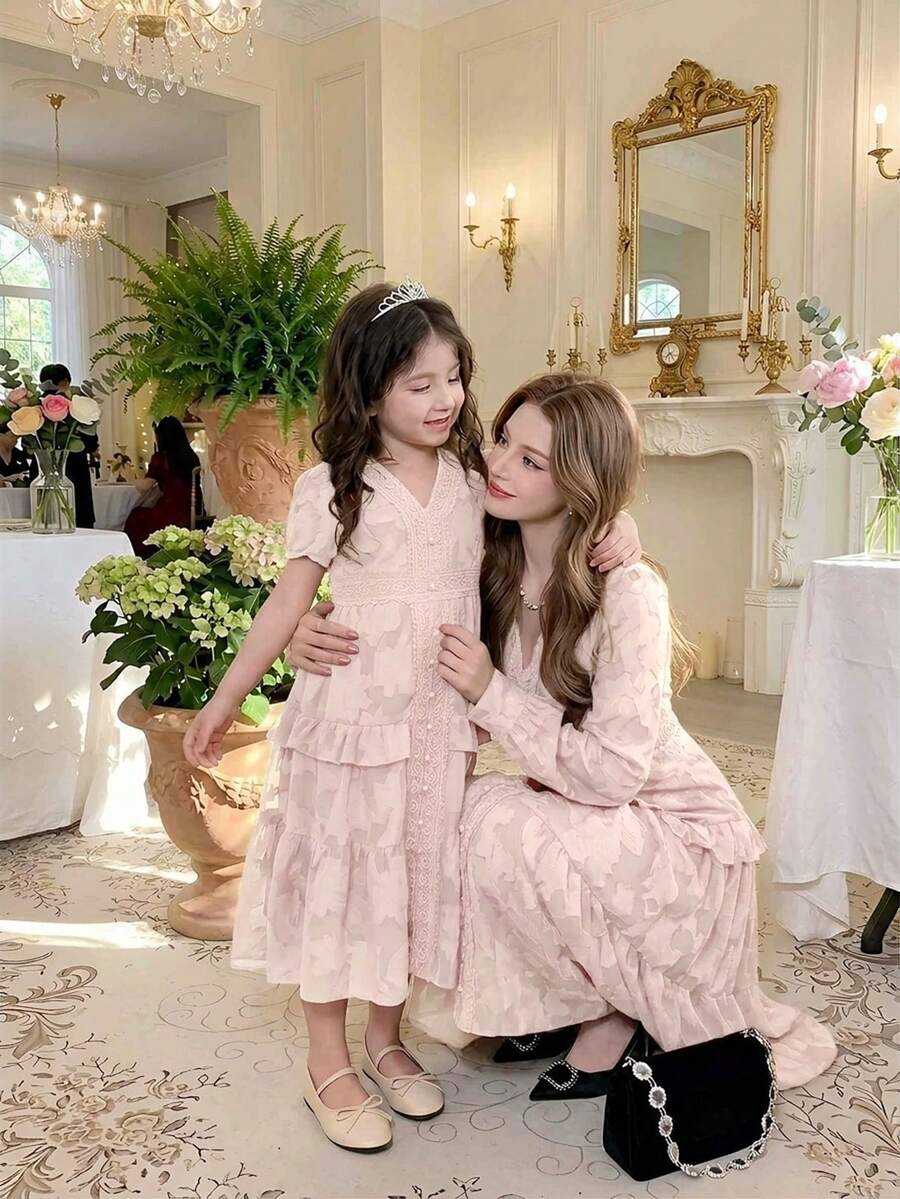 DAZY Vestito da ragazza con scollo a V, decorato con volant e motivo floreale, abbigliamento autunnale per giovani ragazze - Rosa - Visualizzare 1