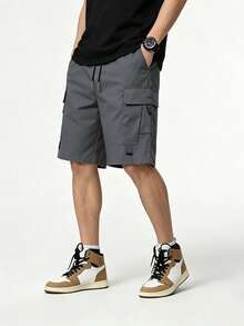 Manfinity Homme Celana Pendek Kargo Pria Musim Panas Kasual Gaya Jalanan dengan Saku Kancing Jepret - Dark Grey - View 5
