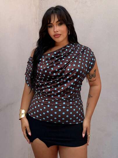 Rustia Plus Size Polka Dot Scoop Neck Sleeveless T-Shirt, Spring/Summer