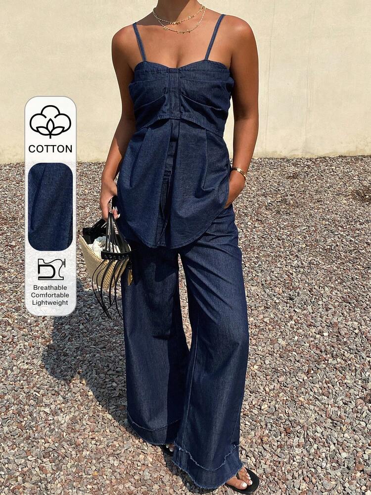 Women's Casual Vacation Style Camisole And Straight Leg Jeans Set, Spring/Summer