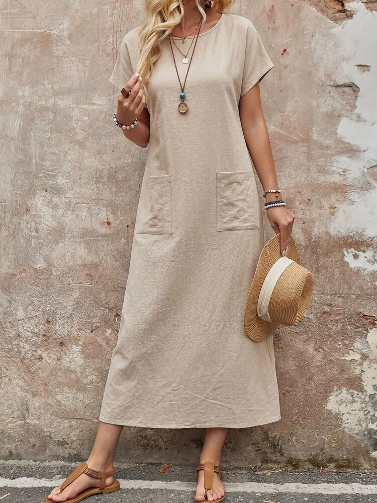 Women's Solid Color Pocket Round Neck Casual Short Sleeve Dress